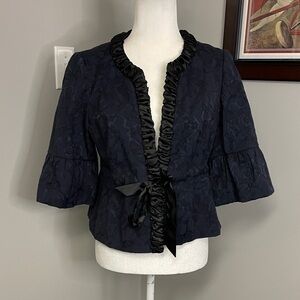 Ann Taylor Loft Dark Blue Jacquard Lined Jacket Size 12 Petite Tie Ruffle Dark